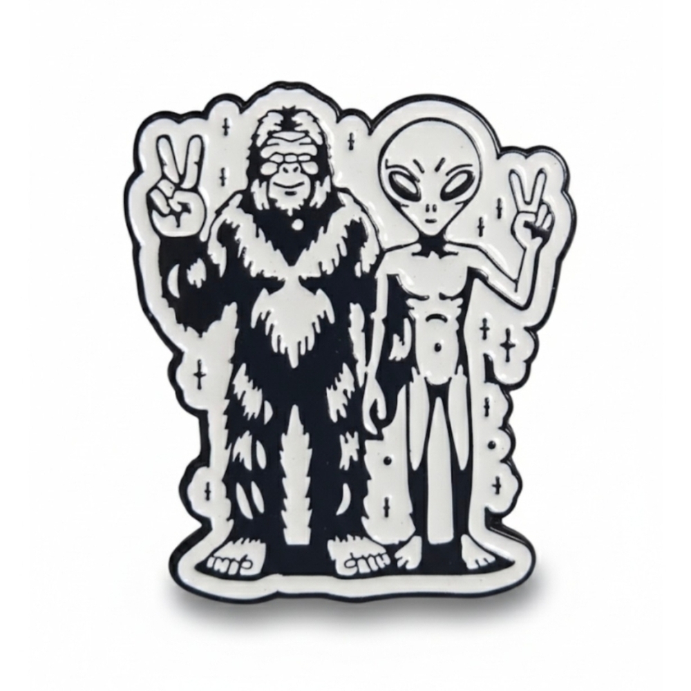 Enamel Pin Listing: Bigfoot & Alien Peace Duo